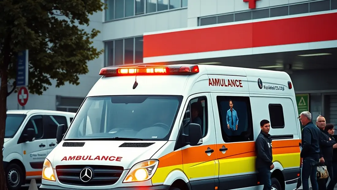 Ambulance en stationnement devant un hôpital.