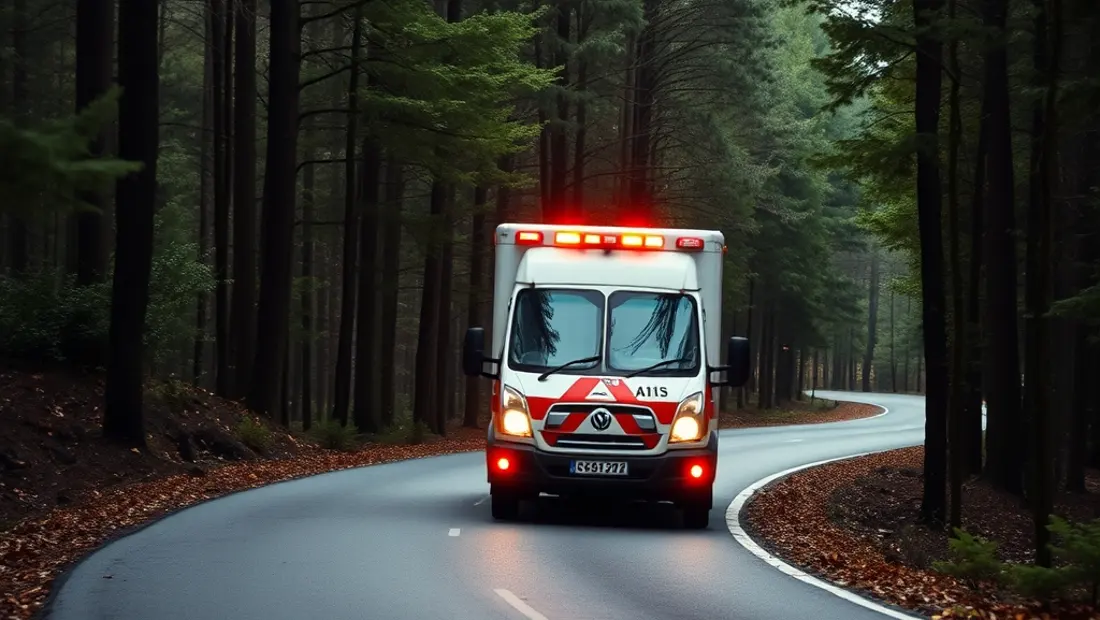 Ambulance en mouvement dans une forêt.