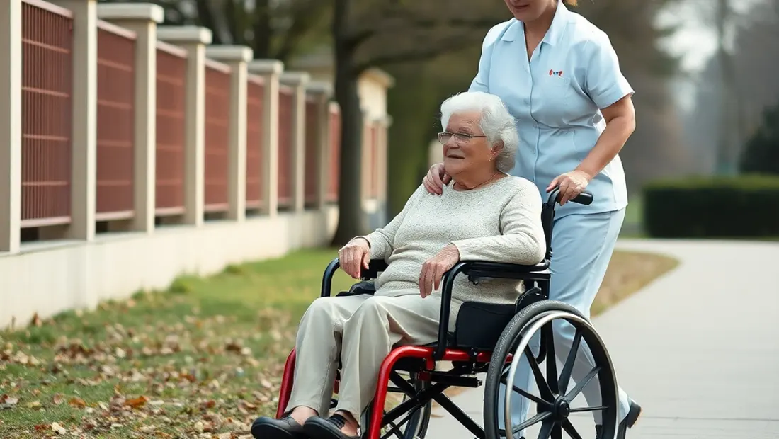 Aide-soignant et personne âgée en fauteuil roulant