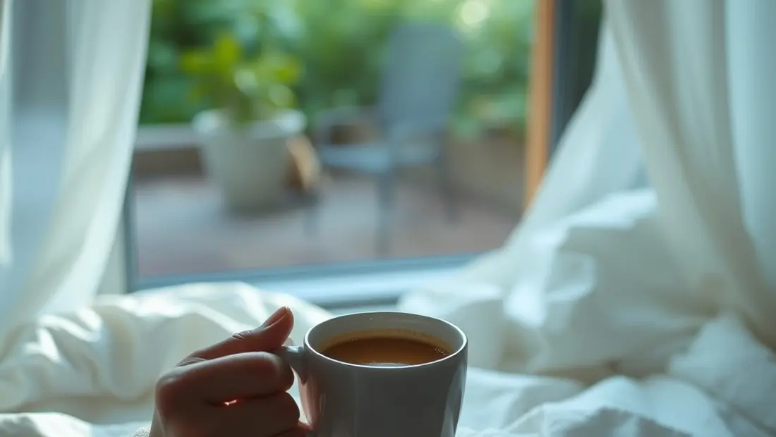 Personne mangeant du lait chaud dans un lit.
