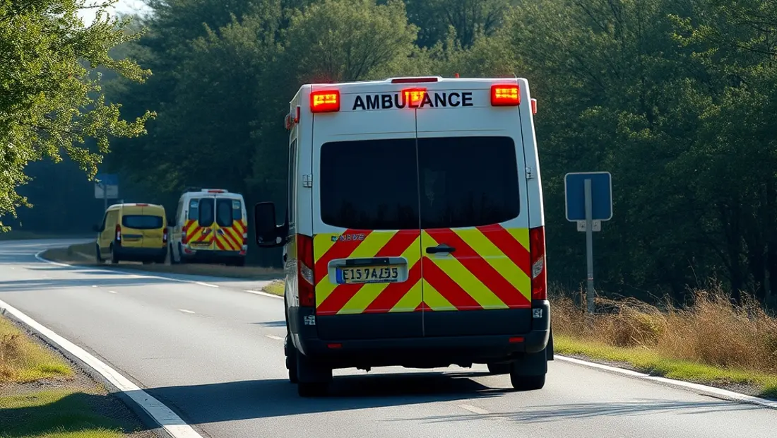 Ambulance en mouvement dans un paysage naturel.