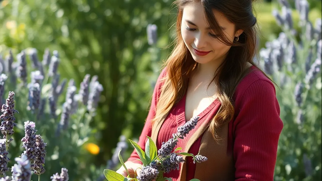 Femme cueillant des feuilles de lavande dans un jardin fleuri
