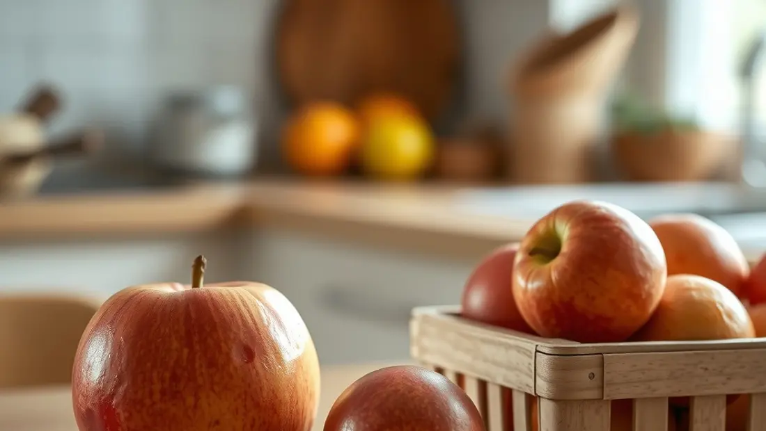 Pomme sur une table de cuisine avec des fruits