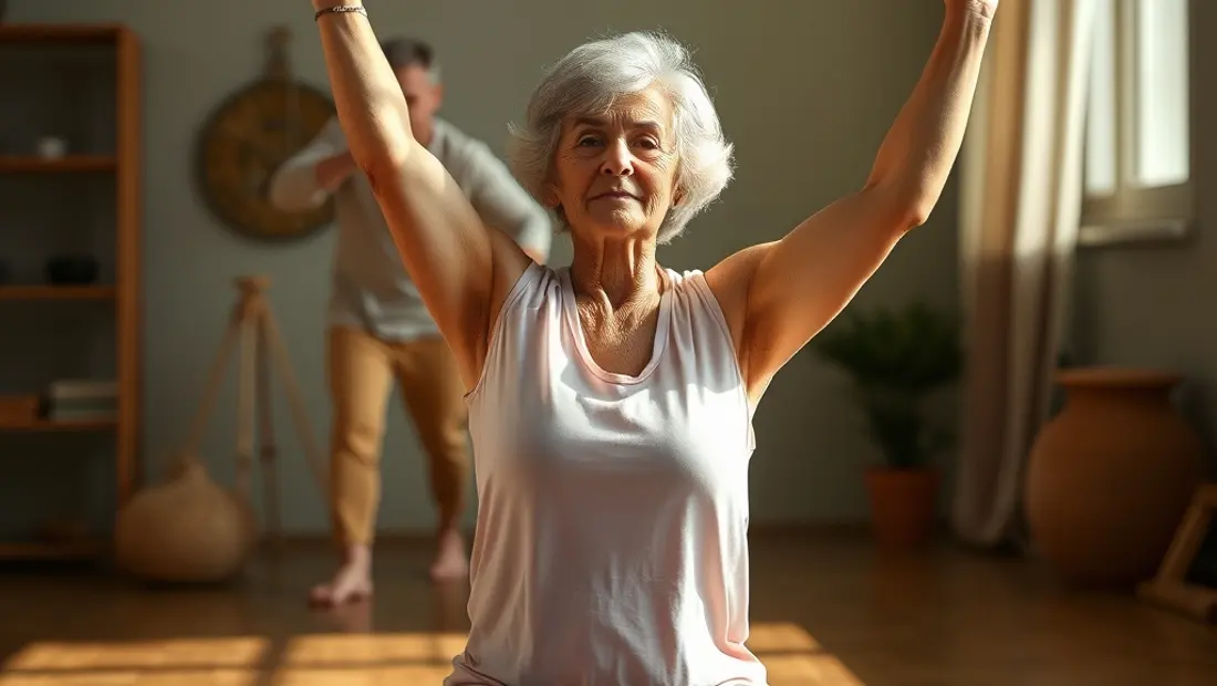 Personne âgée faisant du yoga avec instructeur