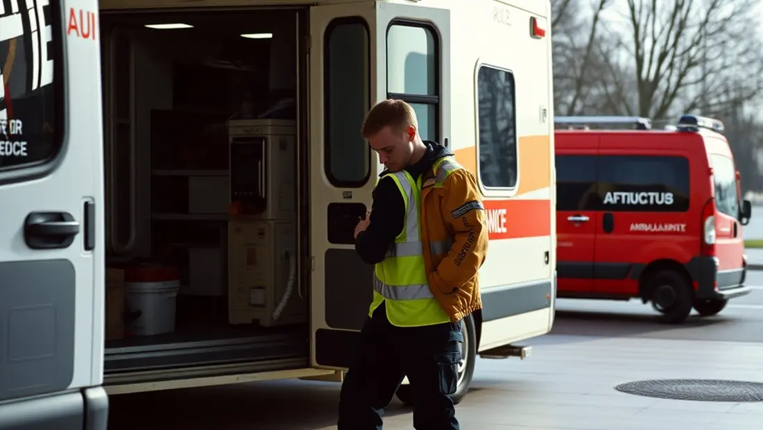Ambulance en stationnement avec personnel de secours