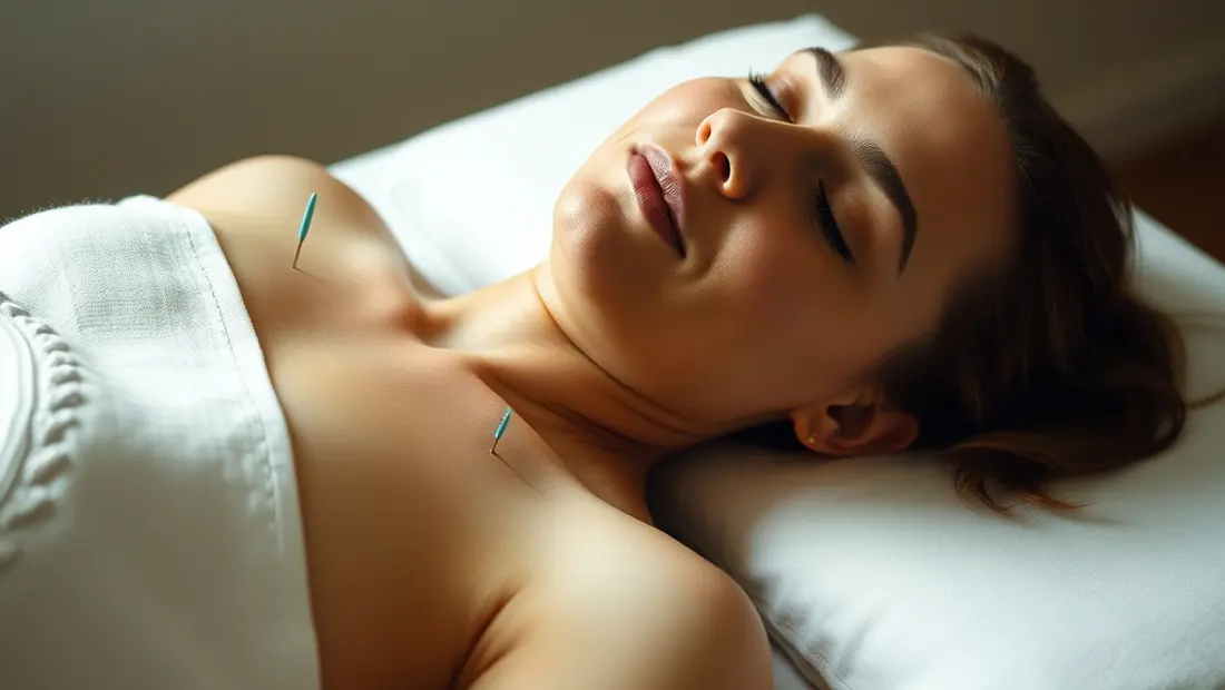 Personne couchée sur un lit d'acupuncture.