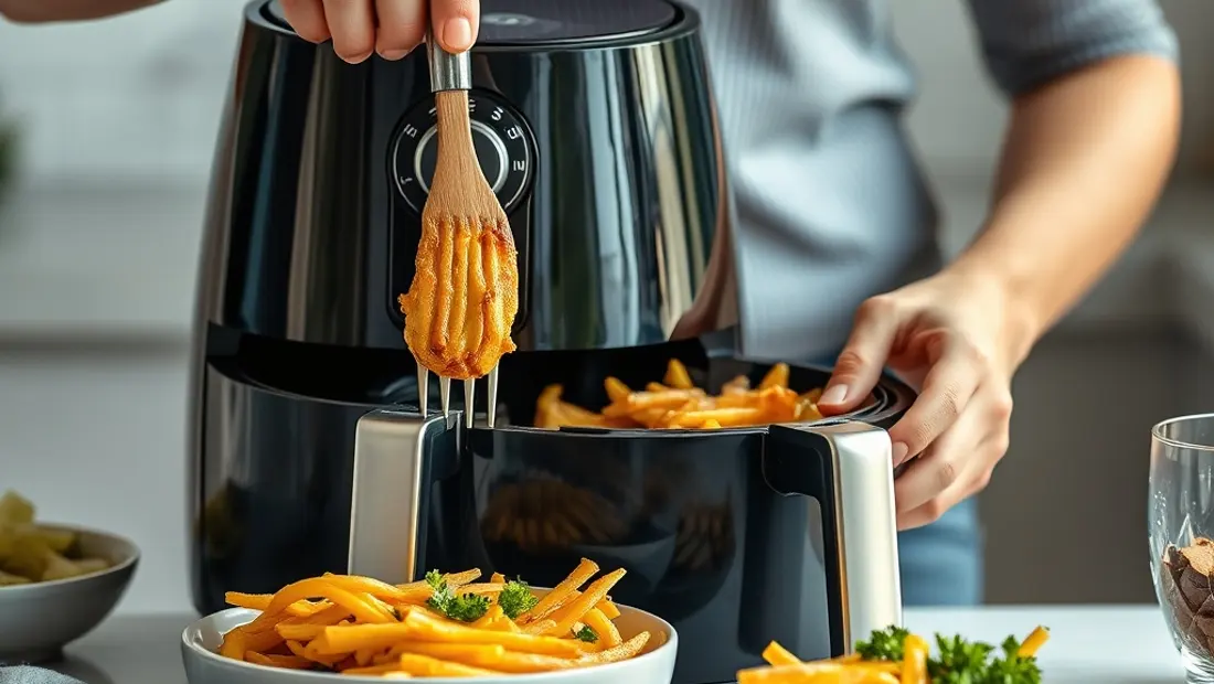 Personne cuisinant avec un appareil de cuisson sans huile.