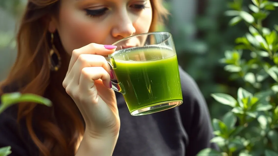 Femme buvant un thé vert dans un jardin