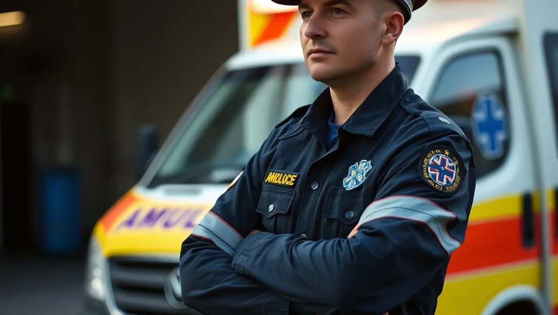 Ambulancier en uniforme devant une ambulance