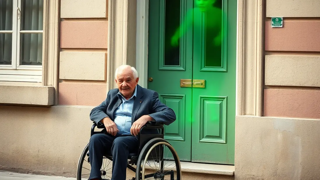 Personne âgée en fauteuil roulant devant immeuble