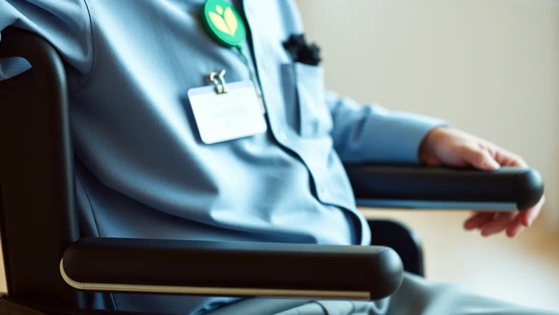 Personne en fauteuil roulant avec badge de présence verte