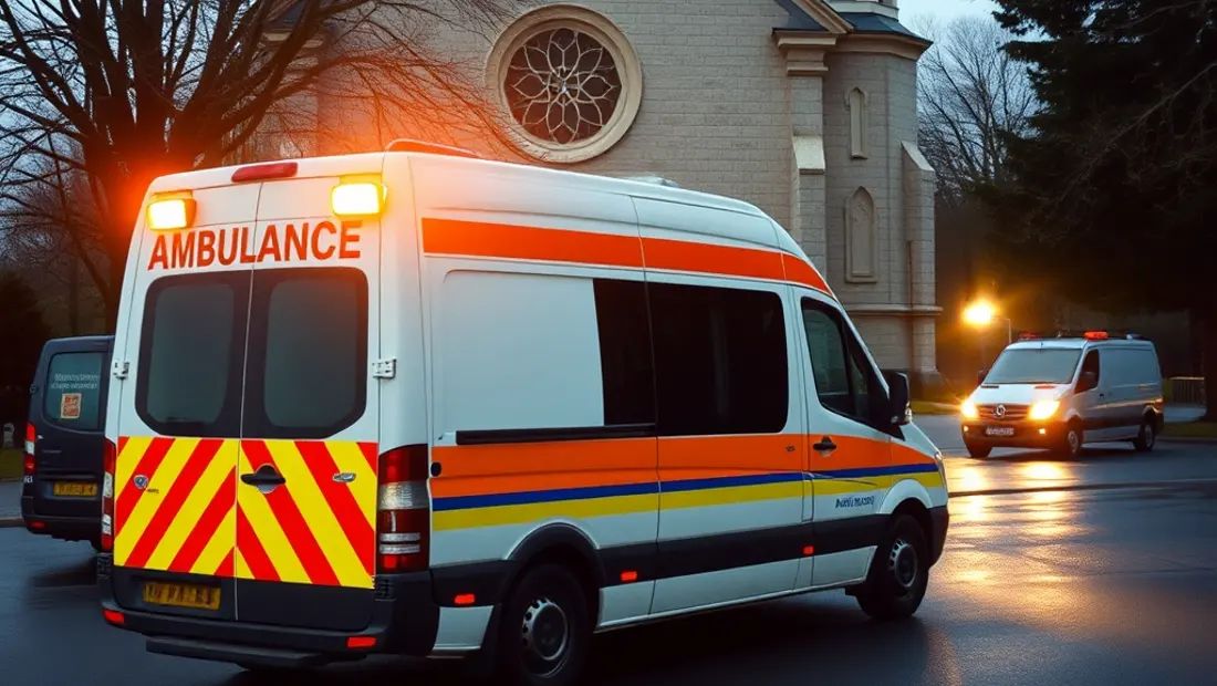 Ambulance devant une église ensoleillée le jour d'un fête