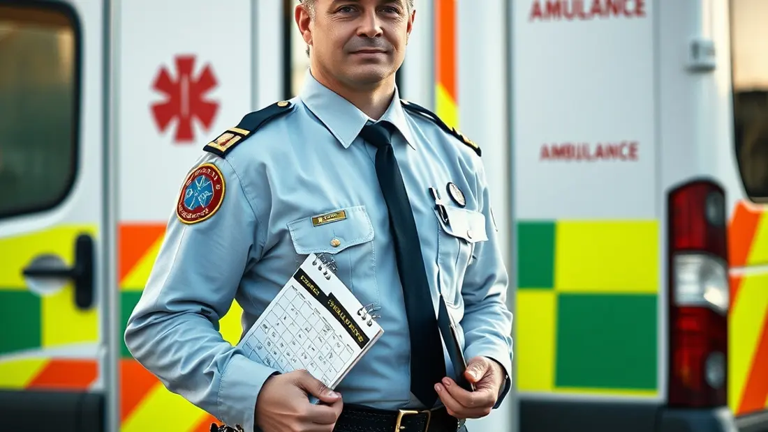Ambulancier devant une ambulance, jour férié