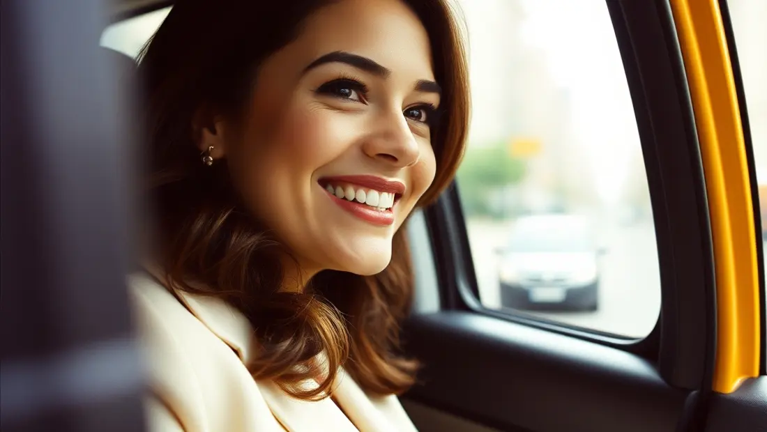 Une femme souriante dans un taxi, regardant le paysage.