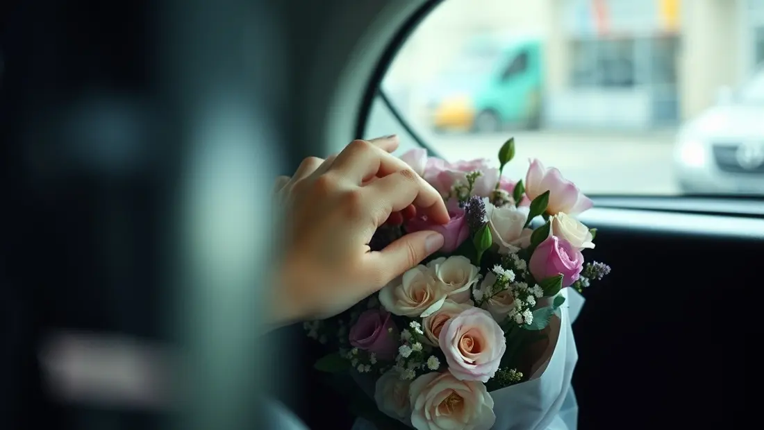 Une main touchant des fleurs dans un taxi.