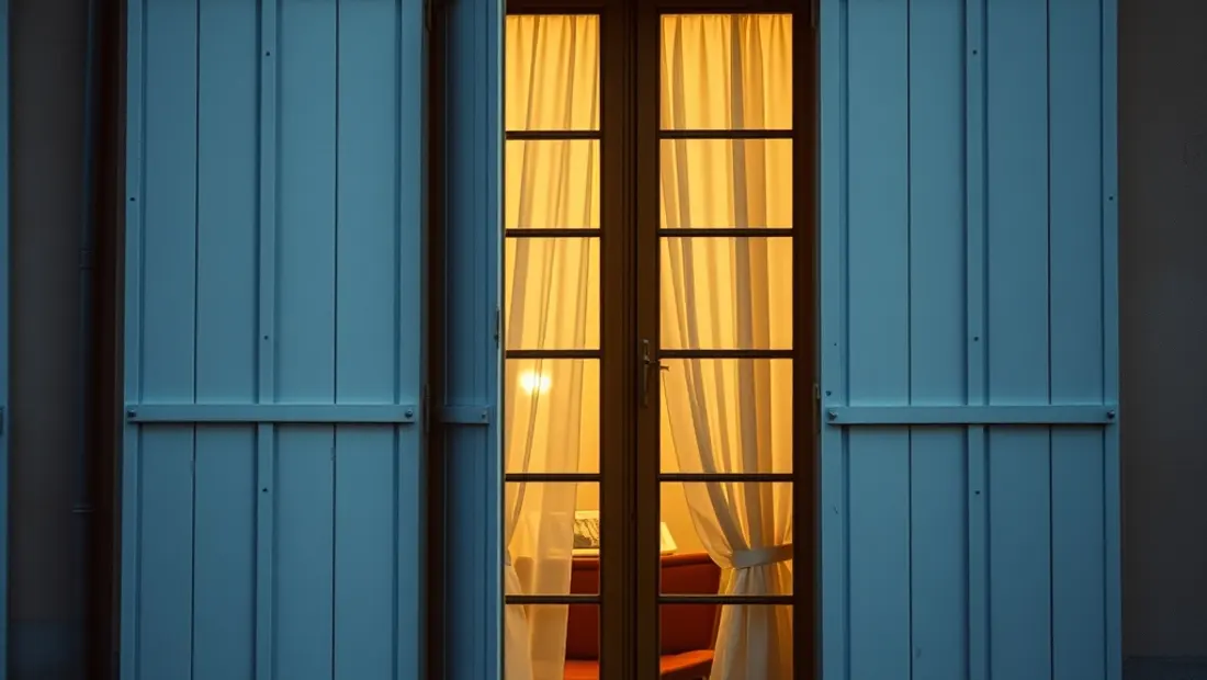 Maison avec volets fermés et lumière allumée.