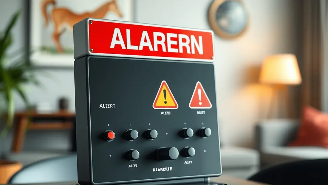 Panneau d'alarme avec boutons et symboles d'alerte.