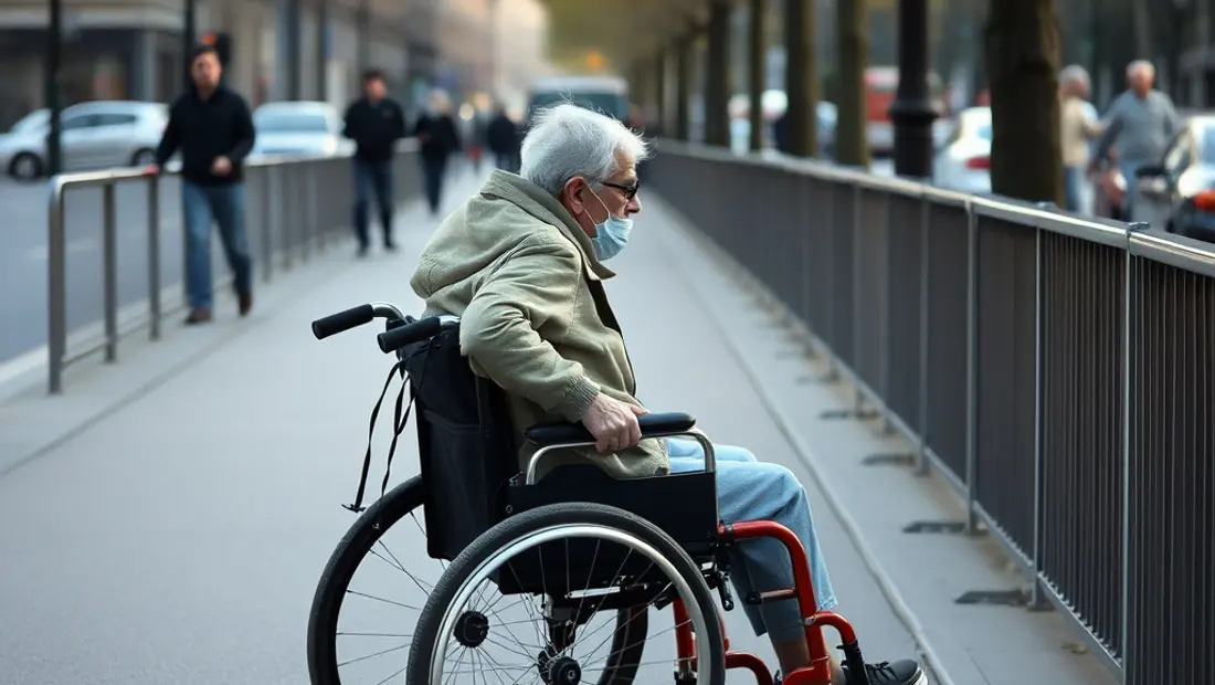 Personne en fauteuil roulant avec guide