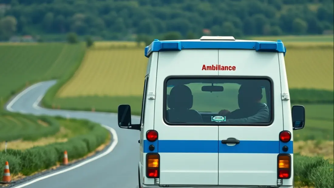 Ambulance en mouvement dans la campagne.