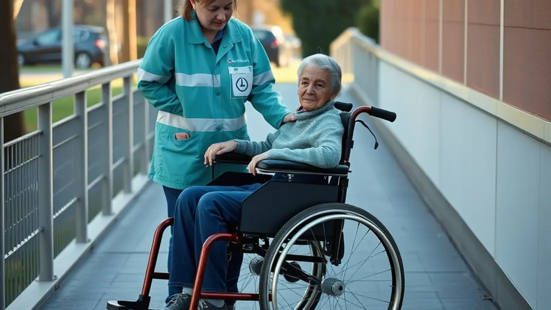 Infirmier et patient en fauteuil roulant.