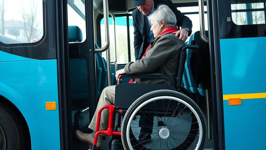 Une personne en fauteuil roulant monte dans un bus.