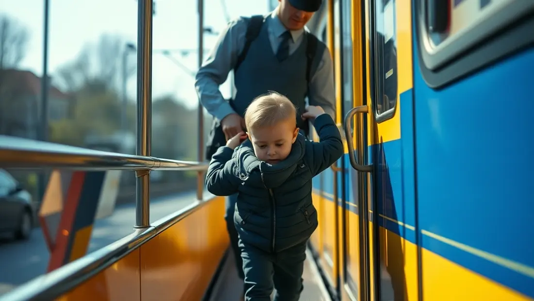 Un enfant en poussette est aidé à monter dans un tramway.