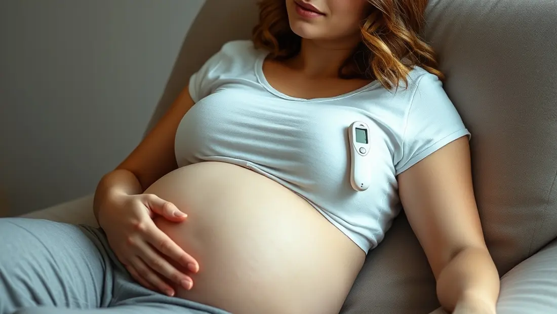 Femme enceinte avec un thermomètre à l'oreille