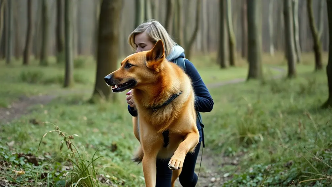 Marche dans un bois avec un chien qui se gratte.