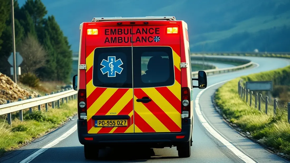 Ambulance sur route nationale avec collines