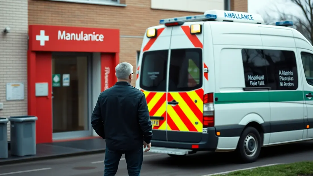 Homme devant un hôpital et une ambulance