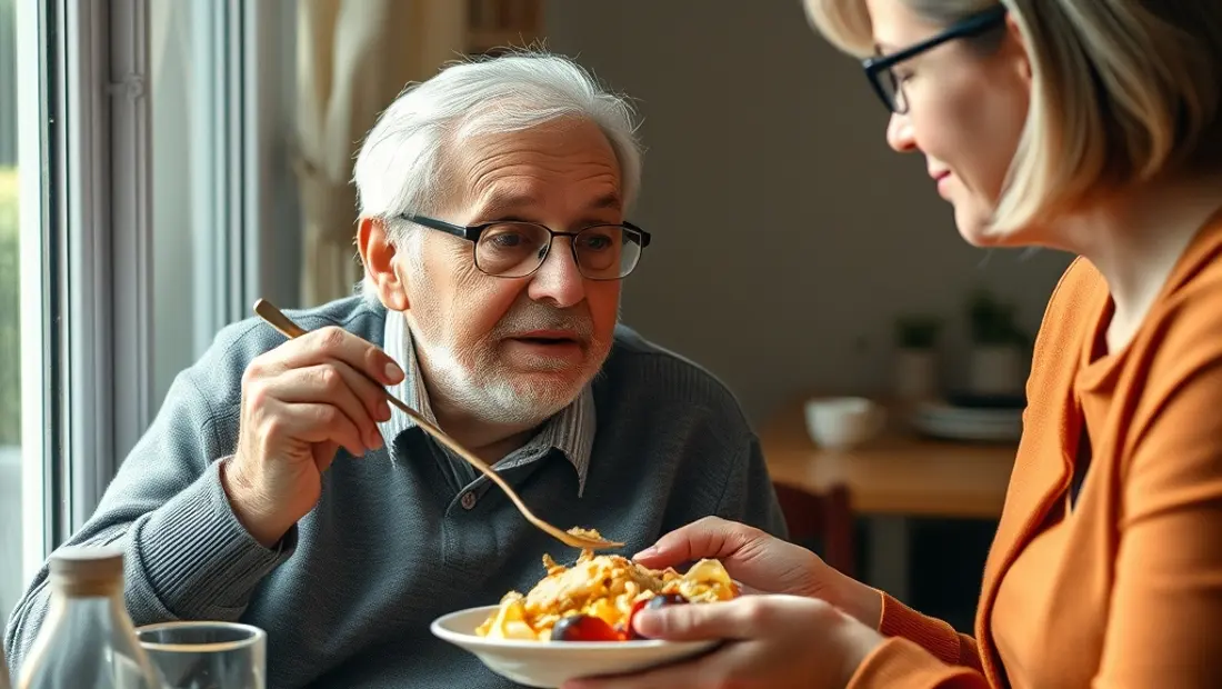 Une personne âgée mange un repas sain avec une assistante sociale.