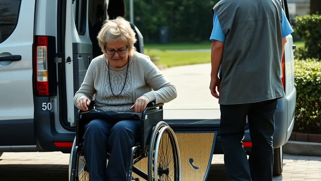 Personne en fauteuil roulant dans un véhicule de transport adapté