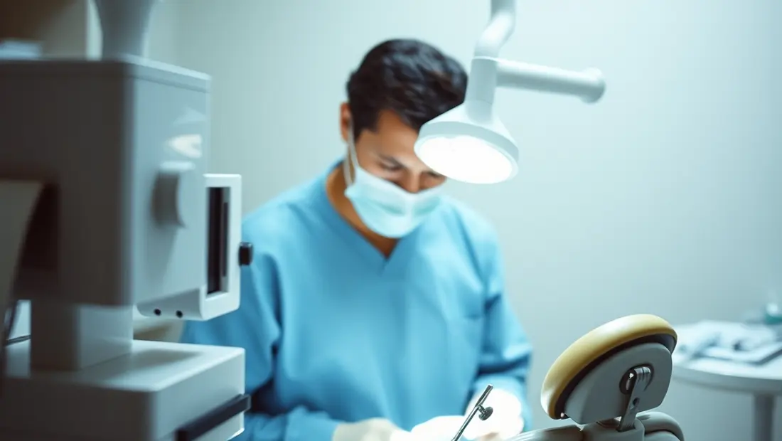 Dentiste au travail avec appareil de radiologie